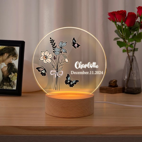 Henkilökohtainen Syntymä Kukka Akryyli LED yövalo puinen pohja ja nimi Home Decor Syntymäpäivä Äitienpäivä Morsiusneito lahja hänelle