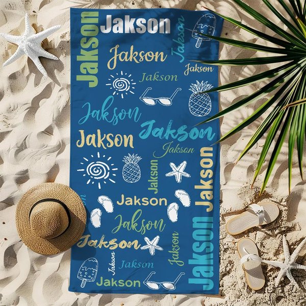 Personalisierte Kunst Sommer Doodle Name Schnell trocknend überdimensioniert Mikrofaser Strandtuch Urlaub Reisen Wesentliche Geburtstag Geschenk für Familie Freunde