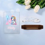 Personalisiertes Niedliches Fantasie Einhorn Acryl LED Nachtlicht mit Namen Initiale Holzsockel Kinderzimmer Haus Deko Geburtstag Geschenk für Kinder
