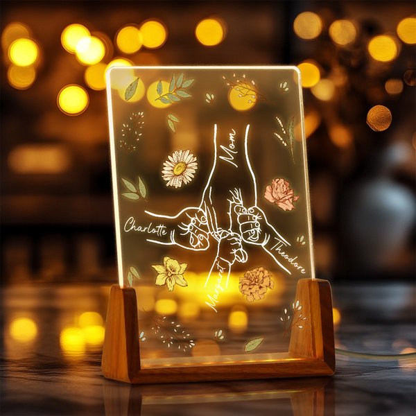 Fiore di nascita personalizzato Mamma e bambino che si tengono per mano Luce notturna a LED con base in legno e 1-6 nomi di bambini Regalo di compleanno per la festa della mamma nonna
