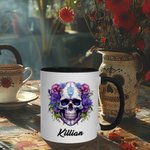 Taza de cerámica gótica personalizada con calavera de azúcar mexicana de 11oz con flor de nacimiento y nombre Regalo de cumpleaños del Día de los Muertos para los amantes de las calaveras góticas