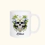 Taza de cerámica gótica personalizada con calavera de azúcar mexicana de 11oz con flor de nacimiento y nombre Regalo de cumpleaños del Día de los Muertos para los amantes de las calaveras góticas