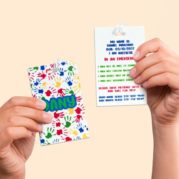 Cartellino di identificazione personalizzato per l'autismo con nome e informazioni di emergenza Attività all'aperto Borsa di cura sicura Accessori regalo per bambini autistici