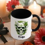 Taza de cerámica gótica personalizada con calavera de azúcar mexicana de 11oz con flor de nacimiento y nombre Regalo de cumpleaños del Día de los Muertos para los amantes de las calaveras góticas