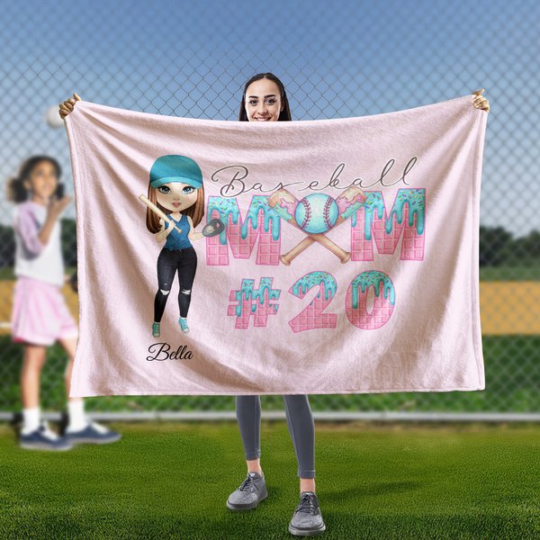 Spersonalizowany koc Baseball Mom Ice Cream Dripping Design Miękki koc z imieniem i numerem Prezent urodzinowy na Dzień Matki dla mamy entuzjastki baseballu