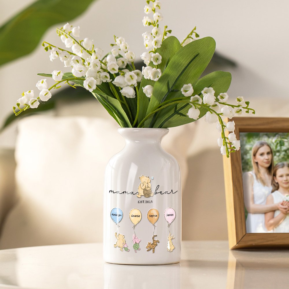 Personalized Mama Bear Classic Winnie the Pooh Ceramic Flower Vase with 1-12 Names Home Decor Birthday Mother's Day Gift for Mom Grandma 2