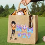 Bolsa de yute grande con nombre y número para regalo de cumpleaños del Día de la Madre personalizada para mamá beisbolista amante de los helados