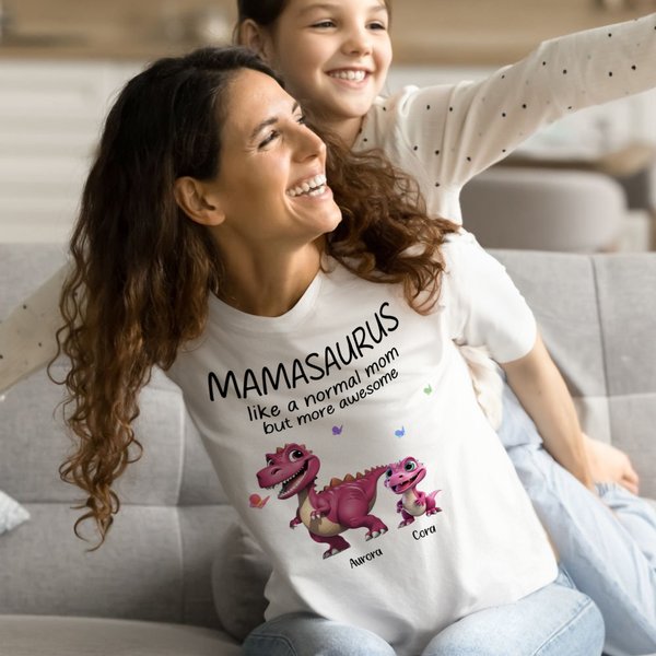 Gepersonaliseerd Multicolor Schattig 3D Dinosaurus Ontwerp Zacht Crewneck T-shirt Sweatshirt met 1-12 Namen Verjaardag Moederdag Cadeau voor Mama Oma
