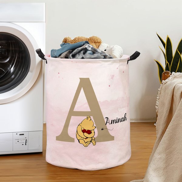 Personalized Classic Winnie the Pooh Initial Waterproof Laundry Storage Basket with Name and Handle Children's Day Birthday Gift for Kids