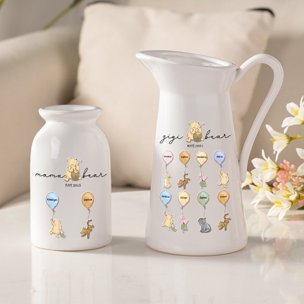 Personalized Mama Bear Classic Winnie the Pooh Ceramic Flower Vase with 1-12 Names Home Decor Birthday Mother's Day Gift for Mom Grandma 5