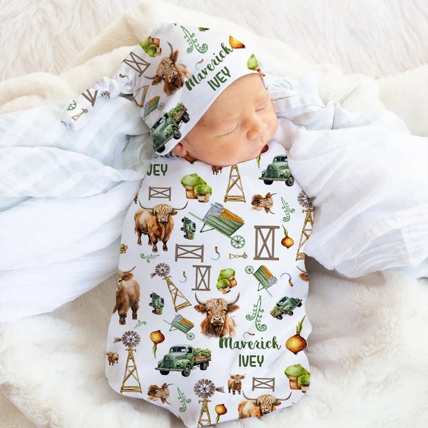 Cadeau de naissance personnalisé pour nouveau-né, bonnet de bonnet doux, chapeau de vache des Highlands, couverture en Minky avec nom