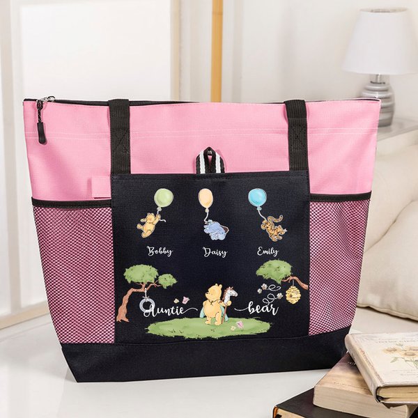 Spersonalizowana torba Mama Bear Classic Winnie the Pooh Oxford z 1-5 imionami i kieszeniami z siatki Urodziny Dzień Matki Prezent dla Mamy Babci