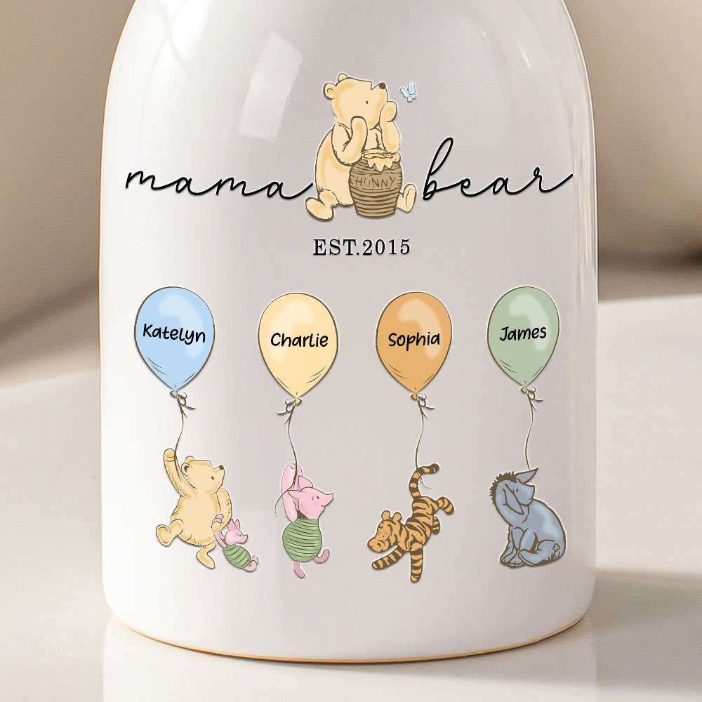 Personalized Mama Bear Classic Winnie the Pooh Ceramic Flower Vase with 1-12 Names Home Decor Birthday Mother's Day Gift for Mom Grandma 6