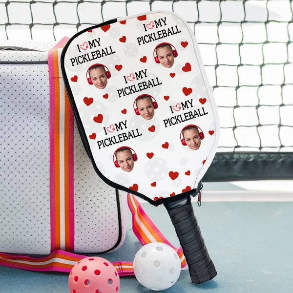 Personalized I Love Funny Face Photo Pickleball Paddle Cover with Title and Hook Birthday Gift for Pickleball Players