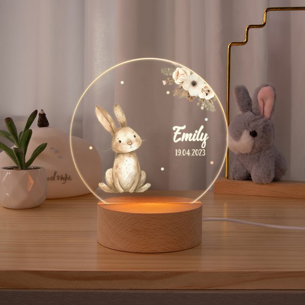 Gepersonaliseerd Bloemetjesfiguur Beer Konijn Dier LED Nachtlampje met Naam en Houten Voetstuk Kinderkamer Decoratie Baby Shower Verjaardagscadeau voor Baby Kind