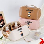 Gepersonaliseerd Schattig Afstuderen Beer PU Leren Wijd Openende Make-up Tas met 3D Bubble Naam Reis Accessoire Verjaardag Afstuderen Gift voor Vrienden Familie