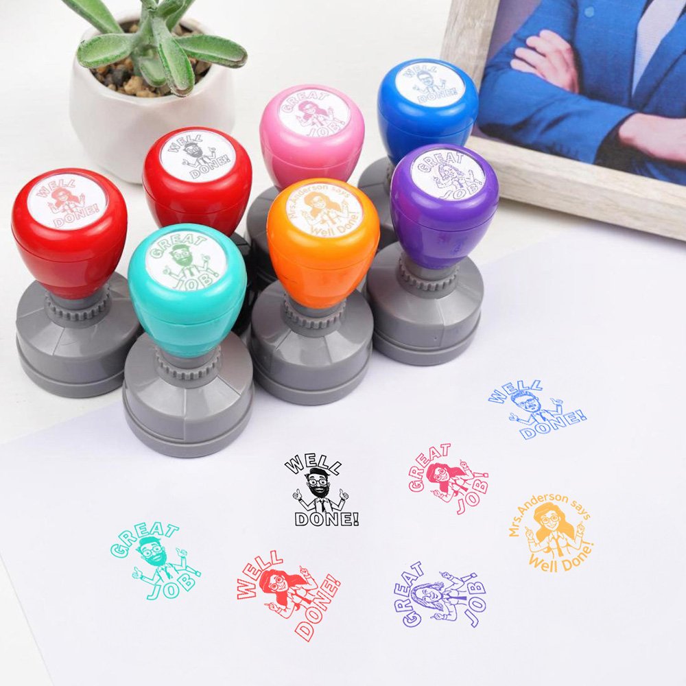 Personalized Well Done Great Job Portrait Self-Inking Teacher Stamp with Text Teacher's Day Thank You Motivational Gift for Teachers 3