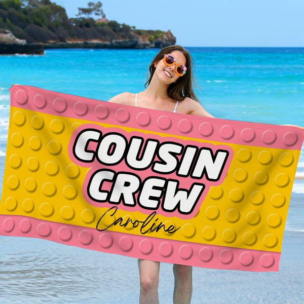 Personalized Pixel Style Cousin Crew Quick Dry Oversized Beach Towel with Name Summer Travel Essential Beach Party Gift for Family Kids