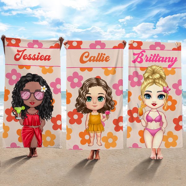 Gepersonaliseerde Bloemen Cartoon Karakter Oversized Sneldrogende Strandhanddoek met Naam Zomer Reizen Essentieel Verjaardagscadeau voor Familie Kinderen Volwassenen