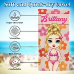 Gepersonaliseerde Bloemen Cartoon Karakter Oversized Sneldrogende Strandhanddoek met Naam Zomer Reizen Essentieel Verjaardagscadeau voor Familie Kinderen Volwassenen