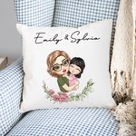 Personalisierte Mama und Kind Cartoon Charakter Throw Kissenbezug mit Geburt Blume und Name Muttertag Geburtstag Geschenk für Oma Mama