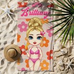 Gepersonaliseerde Bloemen Cartoon Karakter Oversized Sneldrogende Strandhanddoek met Naam Zomer Reizen Essentieel Verjaardagscadeau voor Familie Kinderen Volwassenen