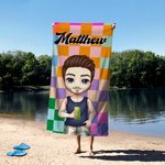 Personalizzato Retro Grid Cartoon Character Quick Dry Oversized Beach Towel con nome Summer Travel Essential Birthday Gift for Kids Adults