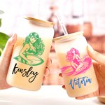 Personalized Multicolor Ocean Surfing Figure 20 oz Frosted or Clear Glass Tumbler with Lid and Straw Birthday Beach Party Gift for Surfing Lovers