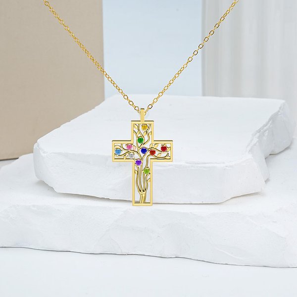 Personalized Cross 2-10 Birthstones Family Tree Necklace Dainty Jewelry Mother's Day Baptism Birthday Gift for Mom Grandma Christian