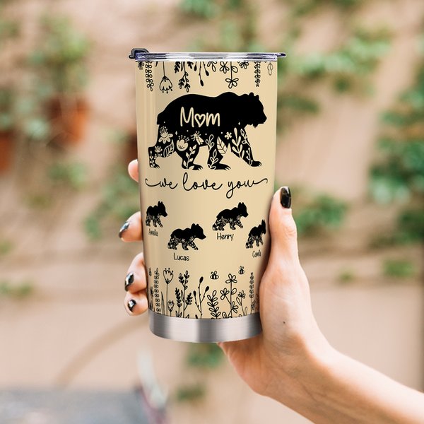 Bicchiere personalizzato mamma orso da 20 oz con 1-12 nomi di bambini orsi e cannuccia Regalo di compleanno per la festa della mamma per la nonna