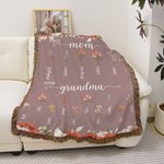 Personalized First Mom Now Grandma Birth Flower Tassel Soft Throw Blanket with Names and Title Mother's Day Birthday Gift for Mom Grandma Family