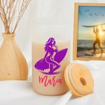 Personalized Multicolor Ocean Surfing Figure 20 oz Frosted or Clear Glass Tumbler with Lid and Straw Birthday Beach Party Gift for Surfing Lovers
