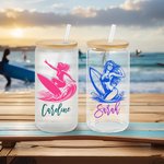 Personalized Multicolor Ocean Surfing Figure 20 oz Frosted or Clear Glass Tumbler with Lid and Straw Birthday Beach Party Gift for Surfing Lovers