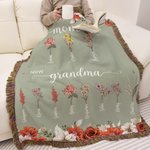 Personalized First Mom Now Grandma Birth Flower Tassel Soft Throw Blanket with Names and Title Mother's Day Birthday Gift for Mom Grandma Family