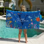 Asciugamano da spiaggia personalizzato in microfibra con iniziali e nome asciugatura rapida design a tema oceano regalo per viaggi estivi per bambini