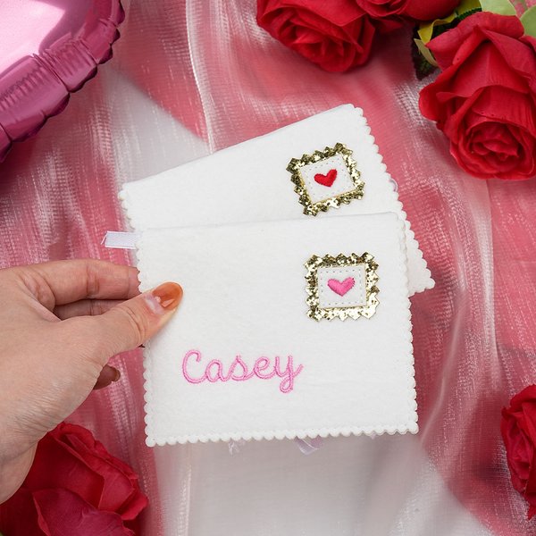 Personalised Pink Red Heart Stamp Shape Wool Felt Envelope with Embroidered Name Valentine's Day Birthday Gift for Women Men