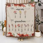 Personalized First Mom Now Grandma Birth Flower Tassel Soft Throw Blanket with Names and Title Mother's Day Birthday Gift for Mom Grandma Family
