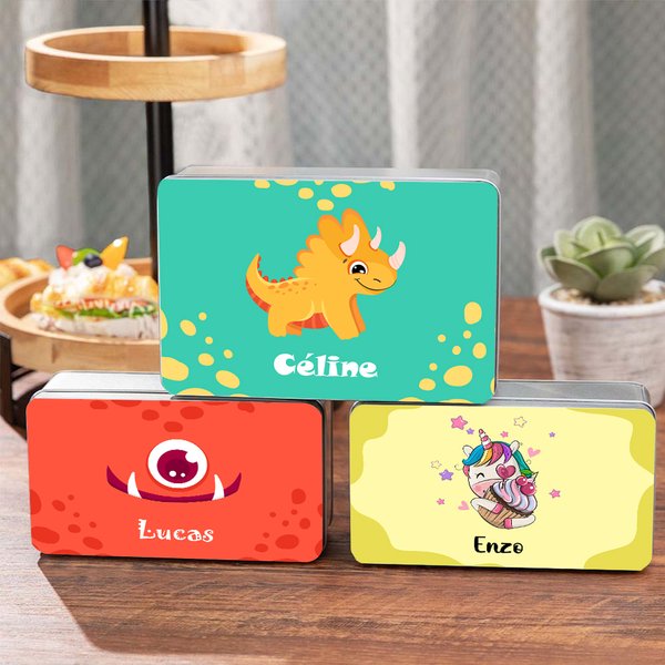 Personalizzato mostro fantasia unicorno dinosauro Food Grade metallo biscotto scatola di latta con nome Festa dei bambini regalo di compleanno per bambini famiglia