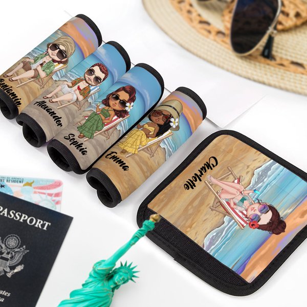 Personalized Sky Blue Sunset Beach Cartoon Luggage Handle Wrap Identifier with Name Set of 2 Travel Accessories Birthday Gift for Travel Lovers