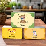 Personalizzato mostro fantasia unicorno dinosauro Food Grade metallo biscotto scatola di latta con nome Festa dei bambini regalo di compleanno per bambini famiglia
