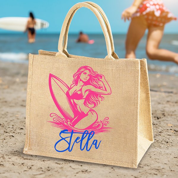 Personalized Multicolor Ocean Surf Girl Large Jute Bag with Name Beach Party Travel Accessories Birthday Gift for Surfing Lovers Women