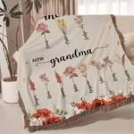 Personalized First Mom Now Grandma Birth Flower Tassel Soft Throw Blanket with Names and Title Mother's Day Birthday Gift for Mom Grandma Family