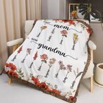 Personalized First Mom Now Grandma Birth Flower Tassel Soft Throw Blanket with Names and Title Mother's Day Birthday Gift for Mom Grandma Family