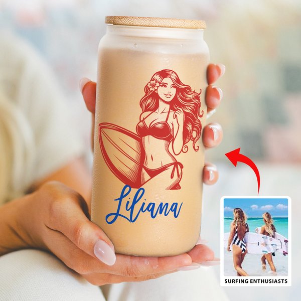 Personalized Multicolour Ocean Surfing Figure 20 oz Frosted or Clear Glass Tumbler with Lid and Straw Birthday Beach Party Gift for Surfing Lovers