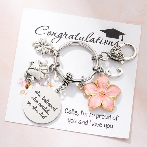 Personalized Pink Flower Clover Heart Lock Keychain with Initial Charm and She Believed She Could Disc Class of 2025 Graduation Gift for Graduates