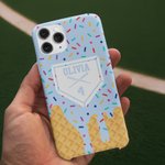 Personligt dubbellagrat mobilskal för iPhone med namn och nummer Födelsedagspresent för basebollälskare - Ice Cream Cone Drip Baseball