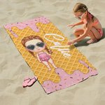 Gepersonaliseerde Cartoon Ice Cream Kid Character Oversized Quick Dry Strandlaken met Naam Zomer Vakantie Accessoires Verjaardagscadeau voor Jongens Meisjes