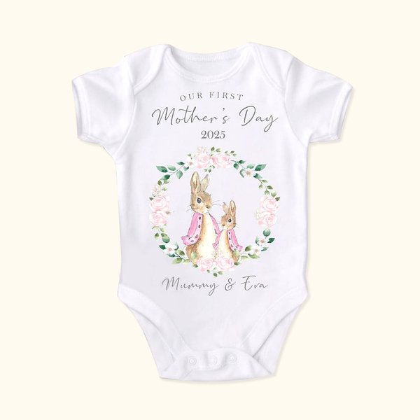 Personnalisé 100% coton Our First Mother's Day Flower Ring Rabbit Cartoon Style Baby Onesie with Name Gift for Mother New Born
