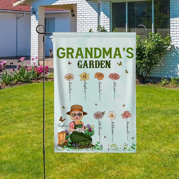 Personlig mammas trädgård tecknad karaktär 1-12 födelseblomma trädgårdsflagga med barnens namn Yard veranda dekor Mors dag present till mormor mamma