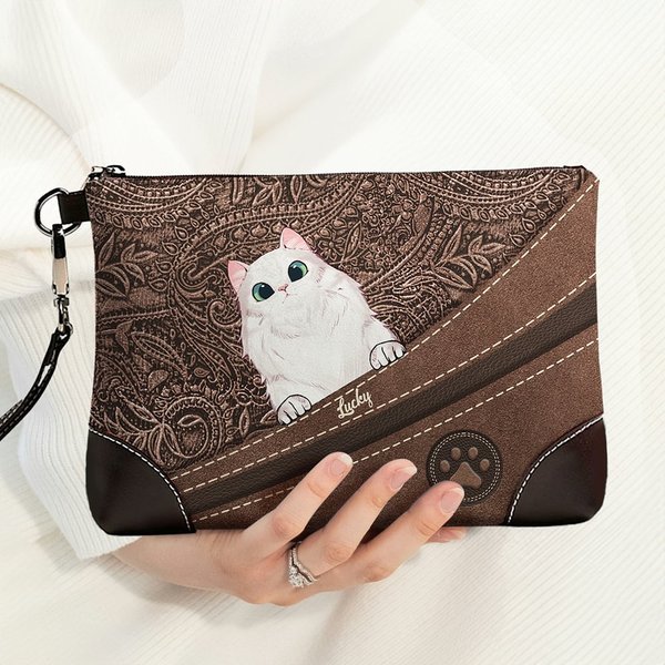 Personalised Vintage Cartoon 1-5 Dogs Cats Leather Wristlet Zippered Wallet with Names Portable Clutch Bag Birthday Gift for Pet Lovers Owners